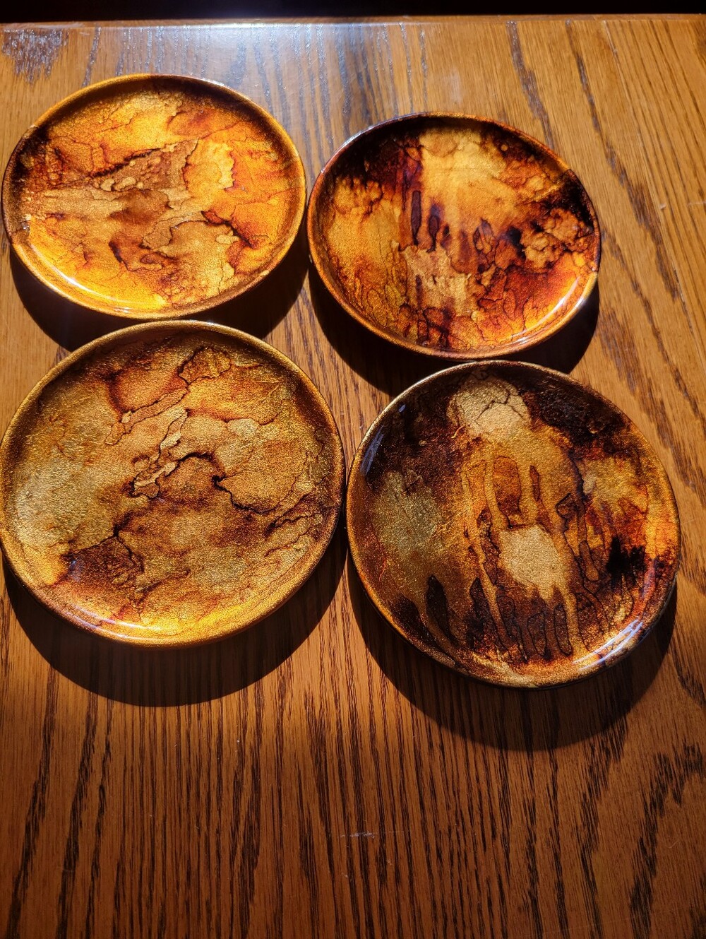 Vintage Glossy Metallic Marble Lacquer Look Gold & Copper Tone Coasters (4)